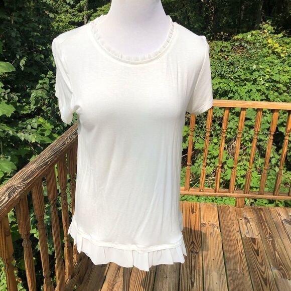 Marled Tops - Marled White Top with Ruffled Neck and Bottom Size Small New With Tags